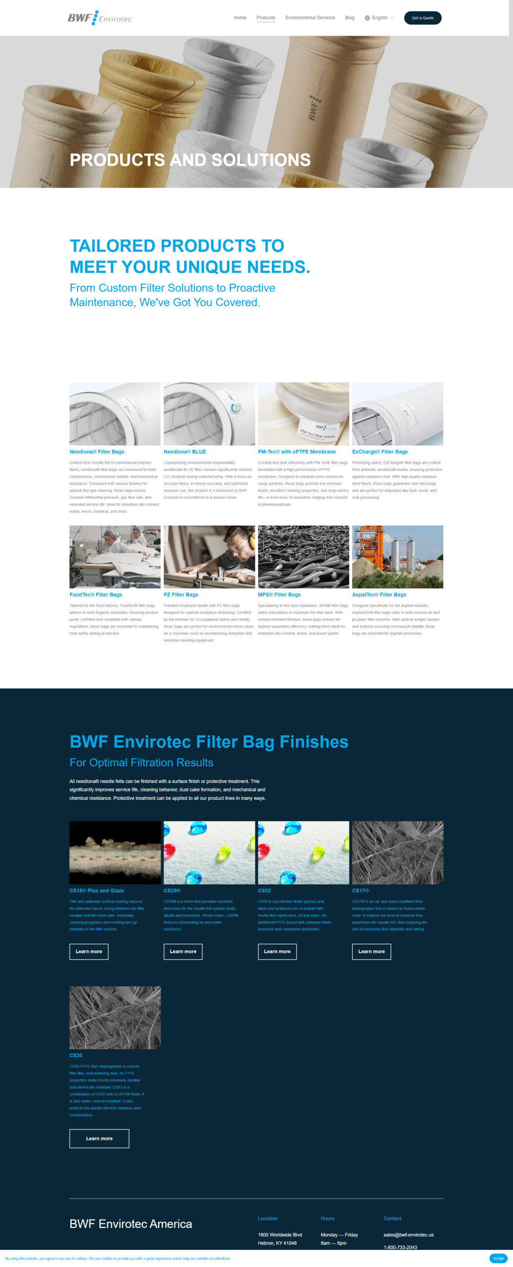BWF Envirotec products page, full-length capture